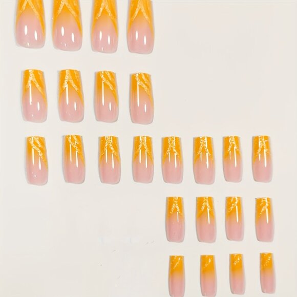 24pcs Glossy Long Square Fake Nails, Yellow Gradient Press On Nails With Glitter - Picture 4 of 6
